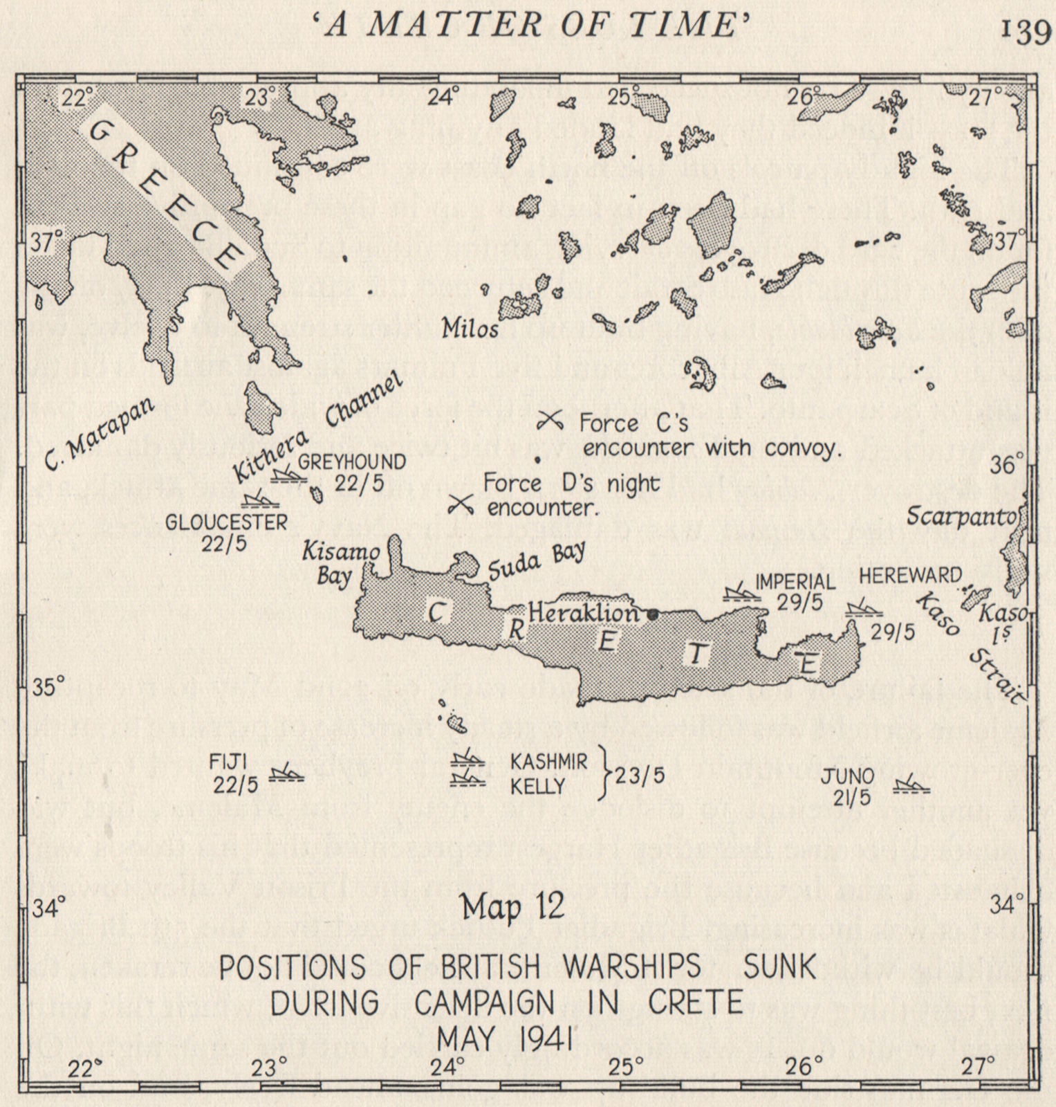 BATTLE OF CRETE May 1941. British warships sunk during campaign. Greece 1956 map